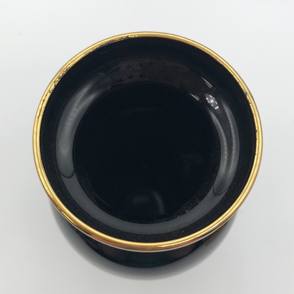 VINTAGE VASE BLACK GLASS GOLD RIM FLORAL TRANSFER DESIGN 8.0 "TALL - Picture 3 of 5